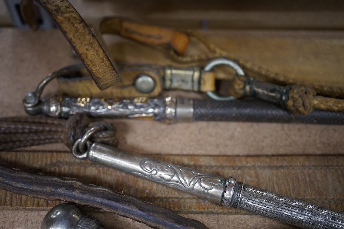 Sx 19th/20th century Ottoman or European white metal or base metal mounted riding crops, longest 48cm, and a dagger